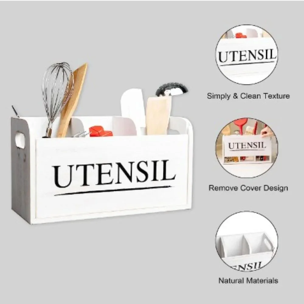 XL Farmhouse White Wooden Kitchen Utensil Holder - Cooking Utensil Organizer